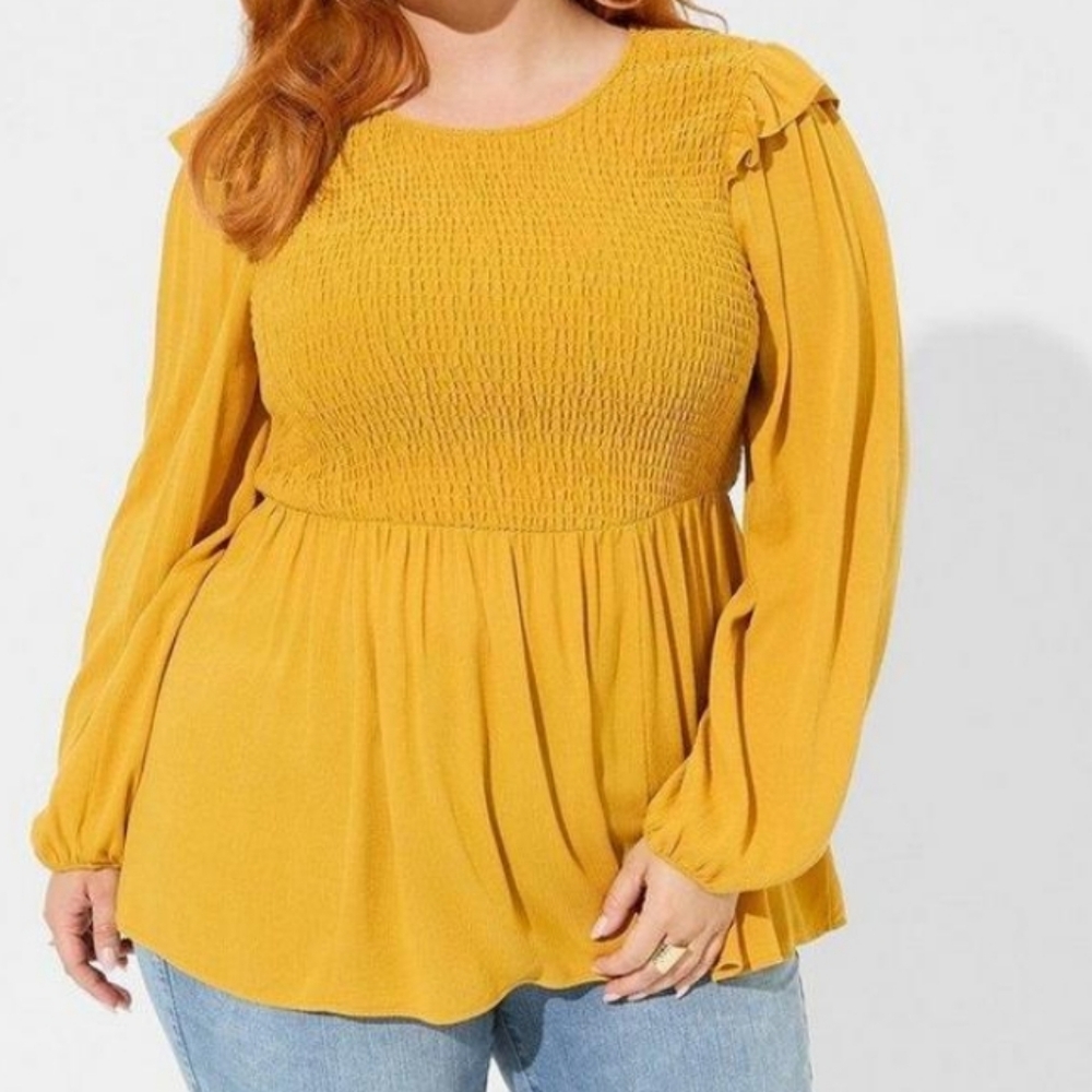 Torrid Plus Size Vibrant Peplum Crinkle Gauze Smocked Long Sleeve Top Blouse 0X